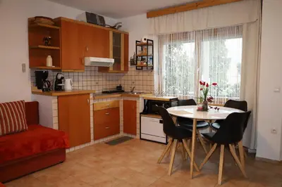 a kitchen with a table and chairs in a kitchen at Apartment Norma in Bovec