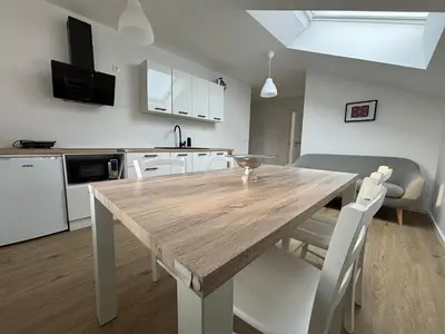 a kitchen and dining room with a wooden table and chairs at Apartmaji Čepon in Ljubljana