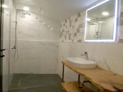 a bathroom with a sink and a shower at TOMO 2 in Postojna