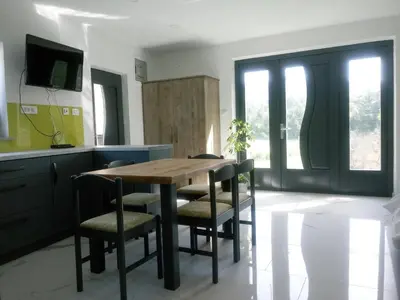 a kitchen with a wooden table and chairs at TOMO 2 in Postojna