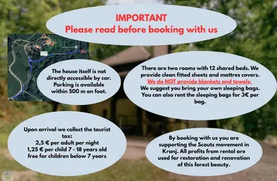 a flyer for a park with two text boxes with text overlay important please read before at Home Puščava in Kranj