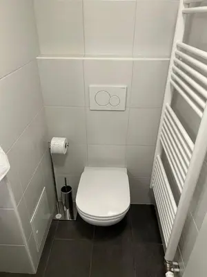 a white bathroom with a toilet and a towel at Studio Spark Ljubljana in Ljubljana