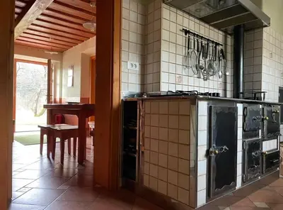 a kitchen with a stove and a table in it at Traditional Slovenian house in Vransko