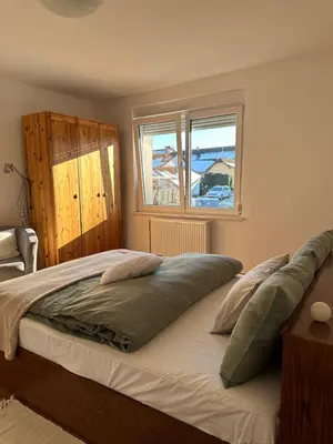 a large bed in a bedroom with two windows at Vanessa Apartment in Ljubljana