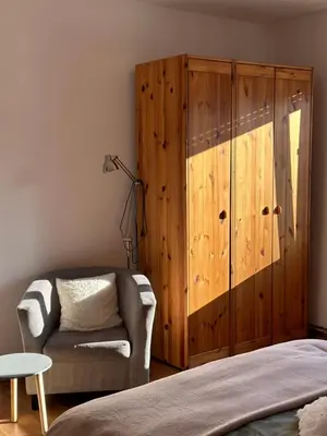 a living room with a couch and a cabinet at Vanessa Apartment in Ljubljana