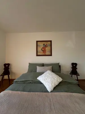 a bedroom with a green bed with a picture on the wall at Vanessa Apartment in Ljubljana