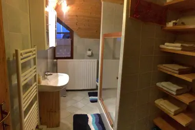 a bathroom with a sink and a shower with a mirror at Apartments Torkar in Bled