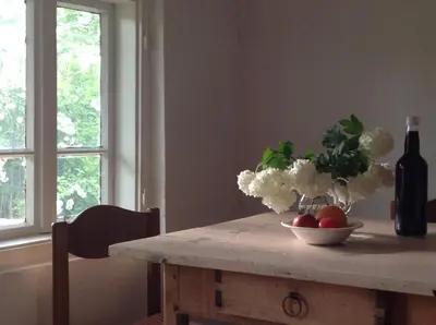 a table with a bowl of apples and a vase of flowers at Hisa Suzana in Črnomelj