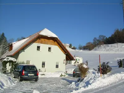 a car parked in front of a house in the snow at Apartment Rozika in Slovenj Gradec