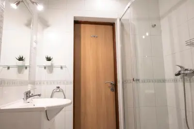 a bathroom with a sink and a shower with a wooden door at Apartments Jasa in Mozirje