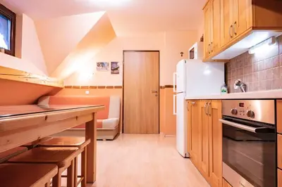 a small kitchen with wooden cabinets and a refrigerator at Apartments Jasa in Mozirje