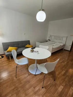 a living room with a table and chairs and a bed at Župnijski apartmaji in Dolenjske Toplice