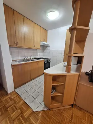 a kitchen with wooden cabinets and a sink and a counter at Župnijski apartmaji in Dolenjske Toplice