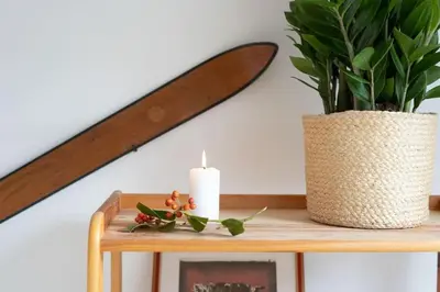 a candle and a potted plant on a table at Ski Hut Smučka in Kranjska Gora