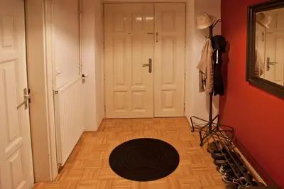 a hallway with a door and a rug on the floor at Apartment REZIDENCA GOGA in Novo Mesto