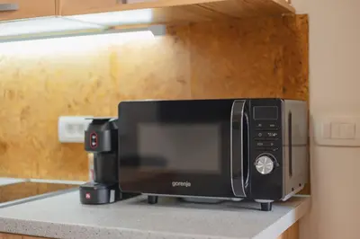 a microwave sitting on top of a kitchen counter at VILA KLARA apartments in Ljubljana