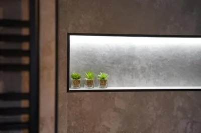 three plants sitting on a shelf on a wall at Suita beli Labod in Medvode
