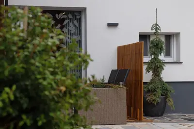 a house with two potted trees in front of it at Suita beli Labod in Medvode