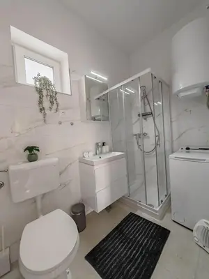 a bathroom with a shower and a toilet and a sink at YELLOW APARTMENT WITH FREE PARKING in Ljubljana