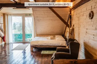 a bedroom with a bed in a wooden wall at Apartmaji Babi in Markovci