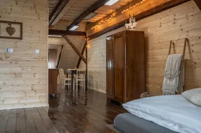 a bedroom with a bed and a wooden wall at Apartmaji Babi in Markovci