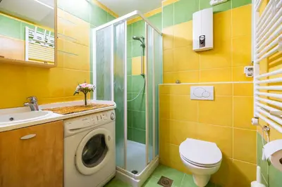 a bathroom with a toilet and a washing machine at Riversound in Kranjska Gora