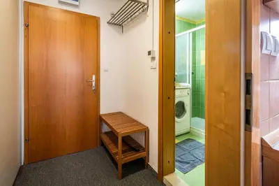 a small bathroom with a washing machine and a door at Riversound in Kranjska Gora