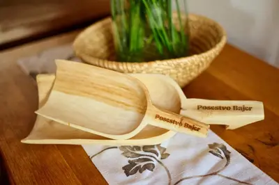 a wooden spoon sitting on a table next to a plant at Four-Bedroom Villa Bajer in Stari Trg pri Ložu