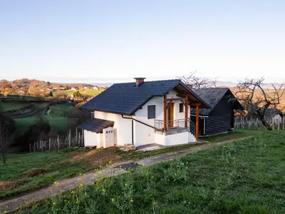 a small white house with a black roof at Vineyard cottage Majolka in Novo Mesto