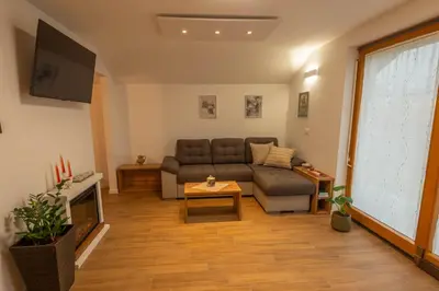 a living room with a couch and a tv at Vineyard cottage Majolka in Novo Mesto