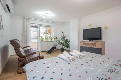 a bedroom with a bed and a flat screen tv at House Dijana With Pool - Happy Rentals in Nova Vas
