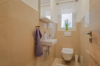 a bathroom with a sink and a toilet and a window at House Dijana With Pool - Happy Rentals in Nova Vas
