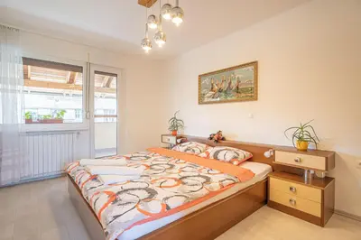 a bedroom with a large bed and a window at House Dijana With Pool - Happy Rentals in Nova Vas