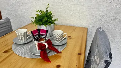 a table with two coffee cups and a plant at Apartma Jurka in Podčetrtek
