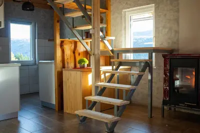a wooden spiral staircase in a kitchen with a stove at Zidanica Vidrih in Dolenjske Toplice