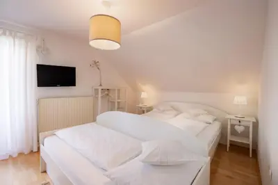 a white bedroom with two beds and a tv at Apartments Ladka in Begunje na Gorenjskem