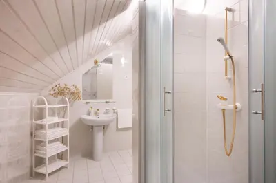 a white bathroom with a sink and a shower at Apartments Ladka in Begunje na Gorenjskem