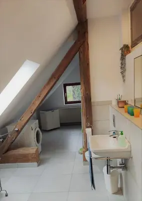 a bathroom with a sink in a attic at MaLu vintage house with garden in Logatec