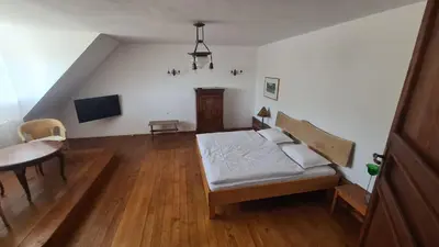 a bedroom with a bed and a table in it at MaLu vintage house with garden in Logatec