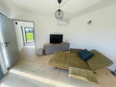 a living room with a couch and a tv at Luxury Holiday House BREZOV BREG in Dankovci