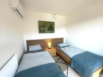 two beds in a small room with at Luxury Holiday House BREZOV BREG in Dankovci