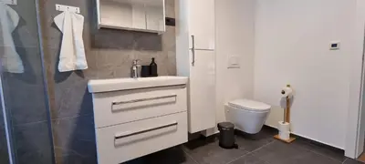 a white bathroom with a sink and a toilet at Naia Apartments in Novo Mesto