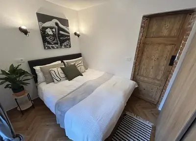a bedroom with a large bed with a wooden door at GG art apartments III in Ljubljana