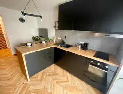a kitchen with a counter with a sink and a stove at GG art apartments III in Ljubljana