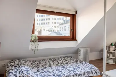 a bedroom with a bed and a window at Stylish Loft In The Hearth Of Historic Centre in Ljubljana