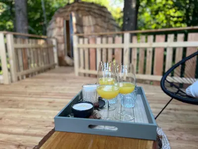 a tray with glasses of wine on a table at T'glamp Bee house in Rovte