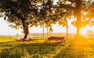 a couple of hammocks in a field under a tree at BREZA mobile house BIG BERRY in Metlika