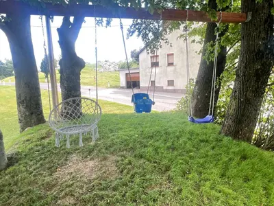 a swing in a park with a tree at Apartma Lozar in Ajdovščina