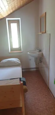 a bedroom with a bed and a sink and a window at Črnuški dom na Mali planini in Krivčevo