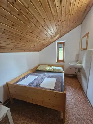 a large bed in a room with a wooden ceiling at Črnuški dom na Mali planini in Krivčevo